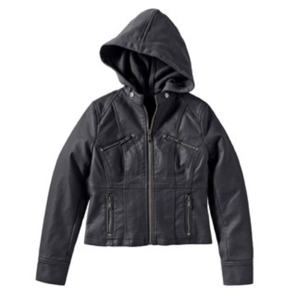 Juniors' Hooded Faux-Leather Moto Jacket size 14